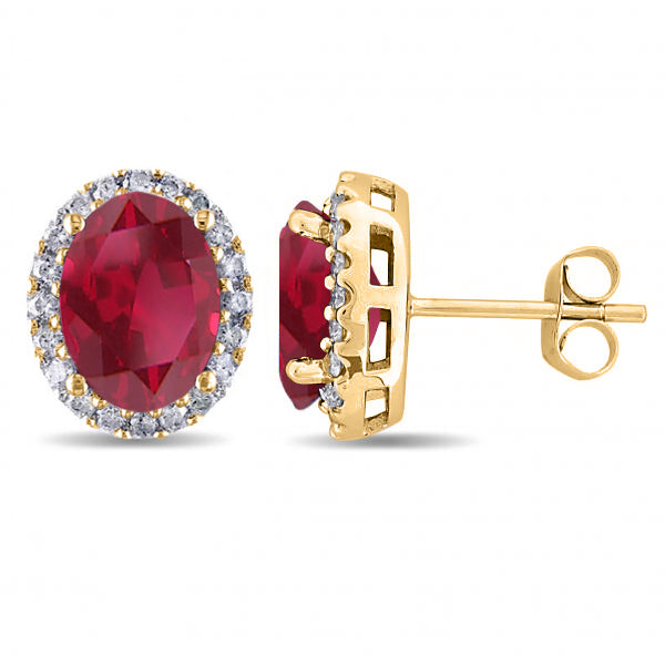 Oval Lab Ruby & Halo Lab Diamond Stud Earrings 14k Yellow Gold 4.80ct