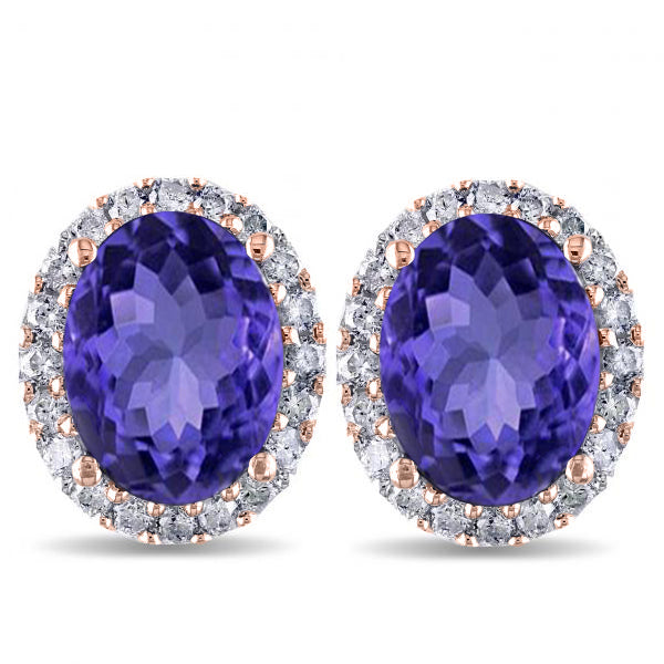 Oval Tanzanite & Halo Diamond Stud Earrings 14k Rose Gold 4.80ct