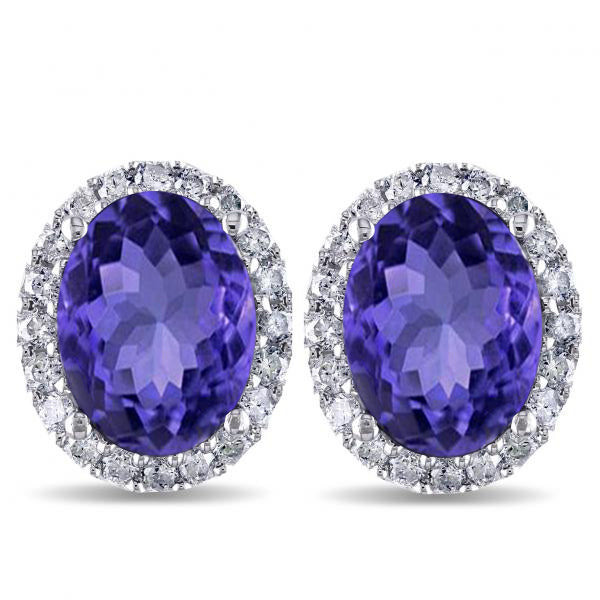 Oval Lab Tanzanite & Halo Lab Diamond Stud Earrings 14k White Gold 4.80ct