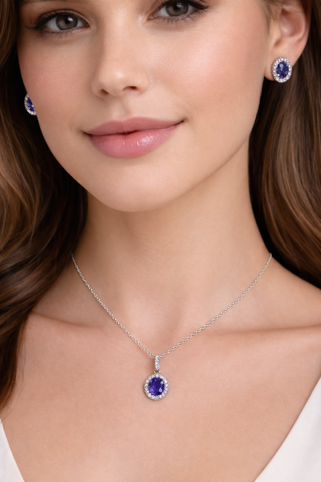Tanzanite & Halo Diamond Pendant Necklace in 14k White Gold 2.44ct