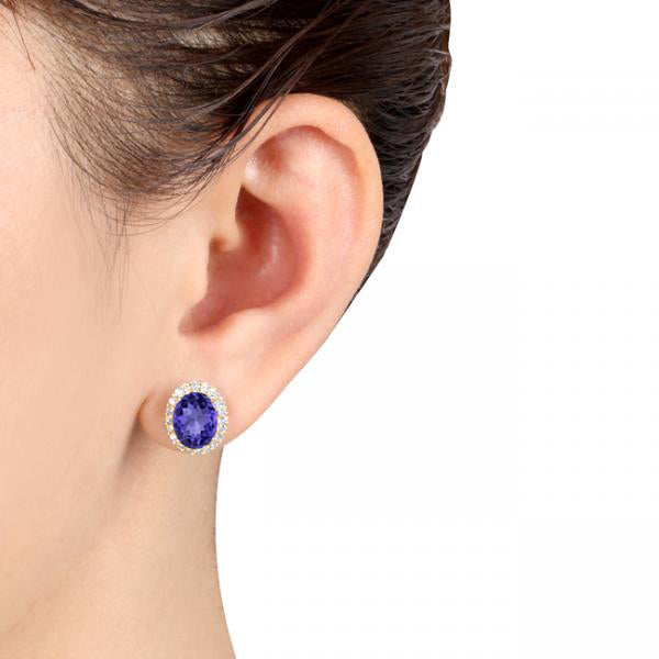 Oval Lab Tanzanite & Halo Lab Diamond Stud Earrings 14k Yellow Gold 4.80ct