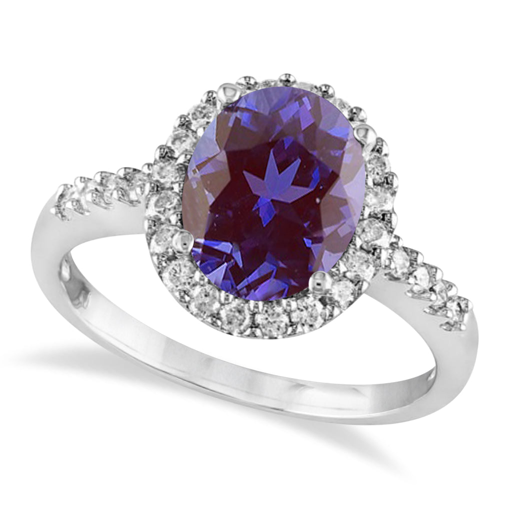 Oval Lab Alexandrite & Halo Diamond Engagement Ring 14k White Gold 2.82ct