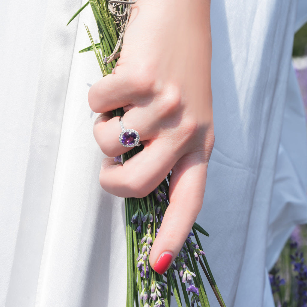 Oval Amethyst & Halo Diamond Engagement Ring 14k White Gold 2.82ct