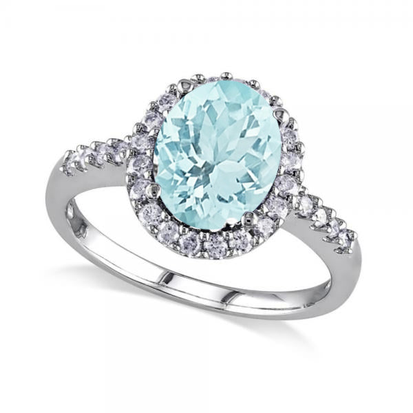 Oval Lab Aquamarine & Halo Lab Grown Diamond Engagement Ring 14k White Gold 2.67ct