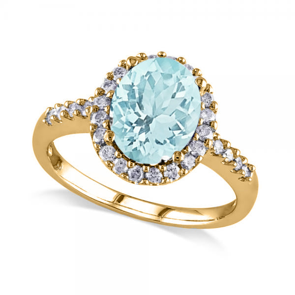 Oval Lab Aquamarine & Halo Lab Grown Diamond Engagement Ring 14k Yellow Gold 2.67ct