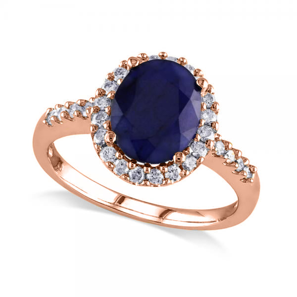 Oval Blue Sapphire & Halo Diamond Engagement Ring 14k Rose Gold 3.92ct