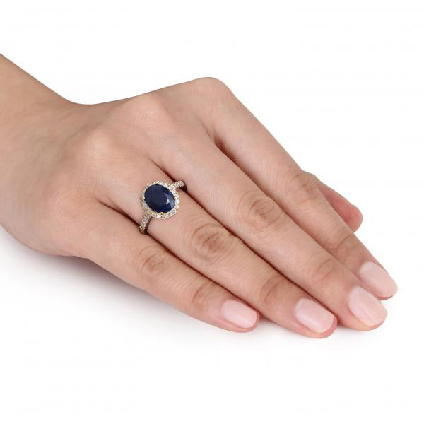 Oval Lab Blue Sapphire & Halo Lab Diamond Engagement Ring 14k Yellow Gold 3.92ct