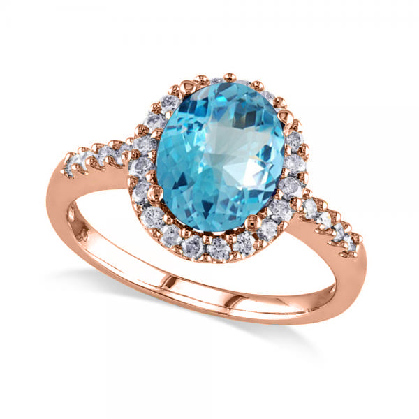 Oval Lab Blue Topaz & Halo Lab Grown Diamond Engagement Ring 14k Rose Gold 3.92ct