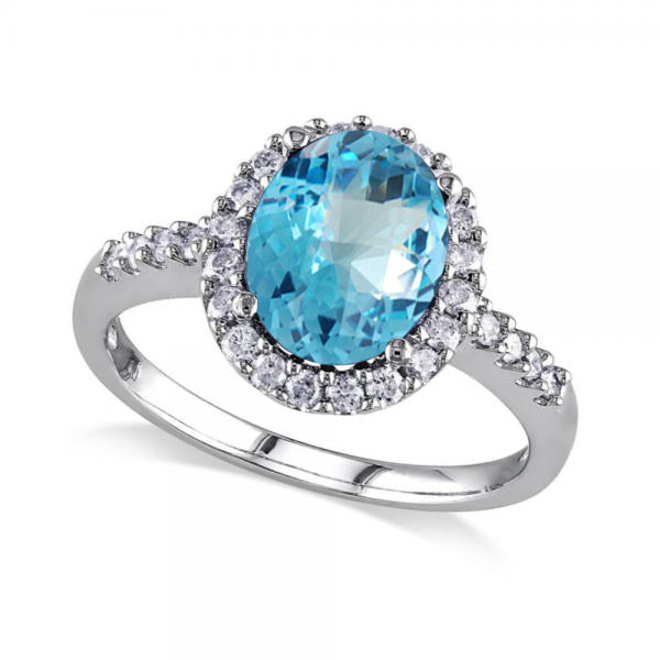 Oval Lab Blue Topaz & Halo Lab Grown Diamond Engagement Ring 14k White Gold 3.92ct