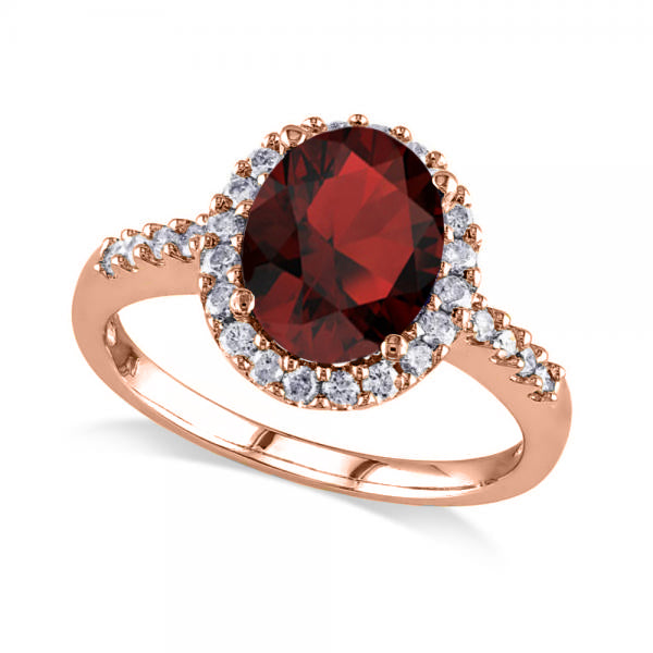 Oval Lab Garnet & Halo Lab Grown Diamond Engagement Ring 14k Rose Gold 3.22ct