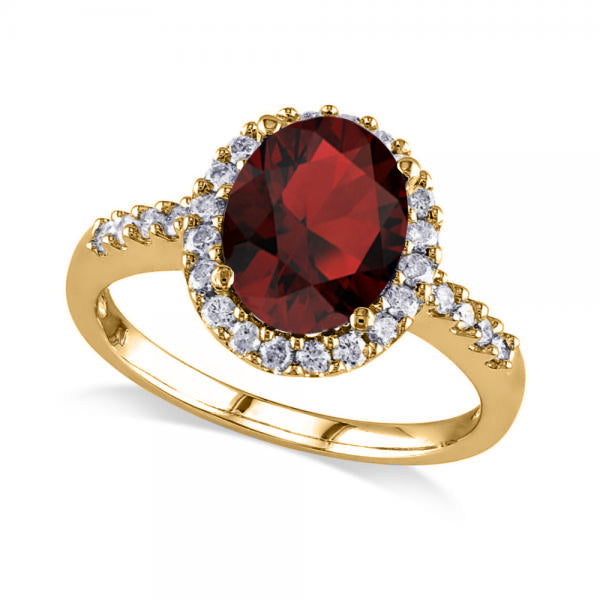 Oval Lab Garnet & Halo Lab Grown Diamond Engagement Ring 14k Yellow Gold 3.22ct