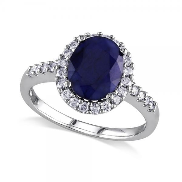 Oval Lab Blue Sapphire & Halo Lab Grown Diamond Engagement Ring 14k W. Gold (3.92ct)