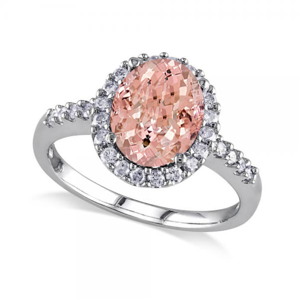 Oval Morganite & Halo Diamond Engagement Ring 14k White Gold 3.57ct