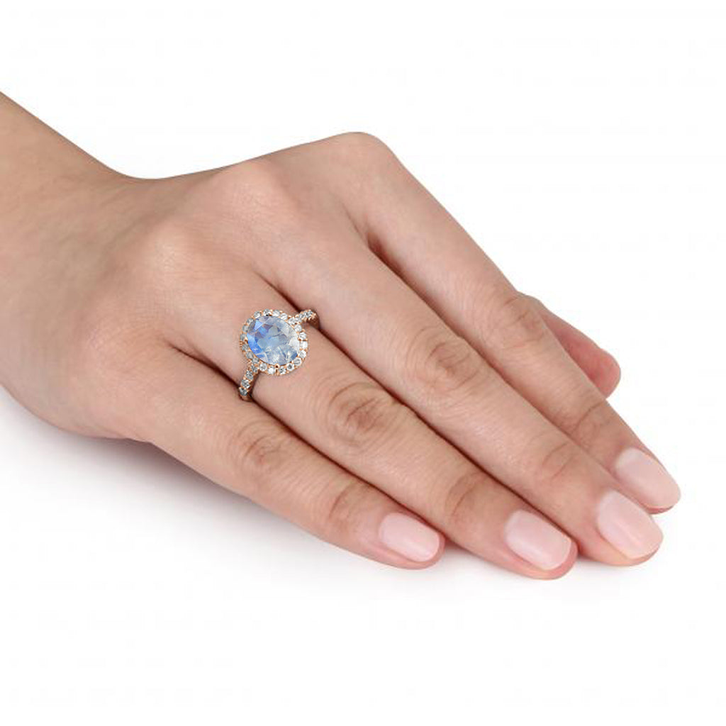 Oval Moonstone & Halo Diamond Engagement Ring 14k Rose Gold 1.42ct