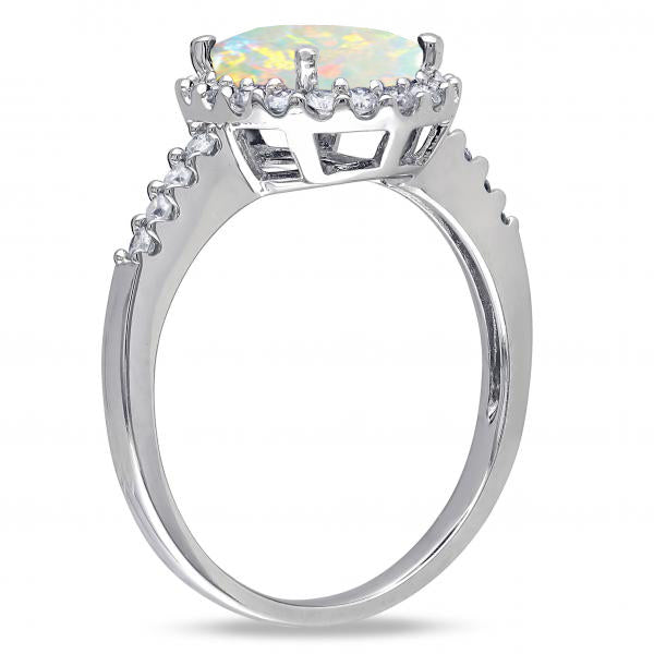 Oval Lab Opal & Halo Lab Grown Diamond Engagement Ring 14k White Gold 2.07ct