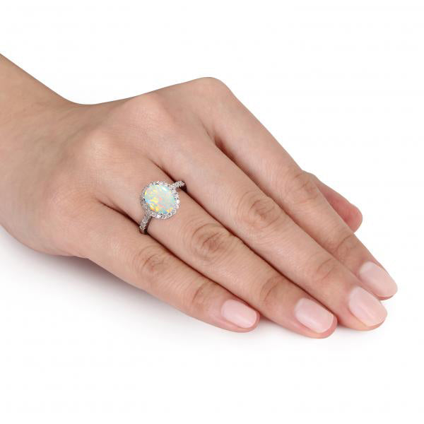 Oval Lab Opal & Halo Lab Grown Diamond Engagement Ring 14k White Gold 2.07ct
