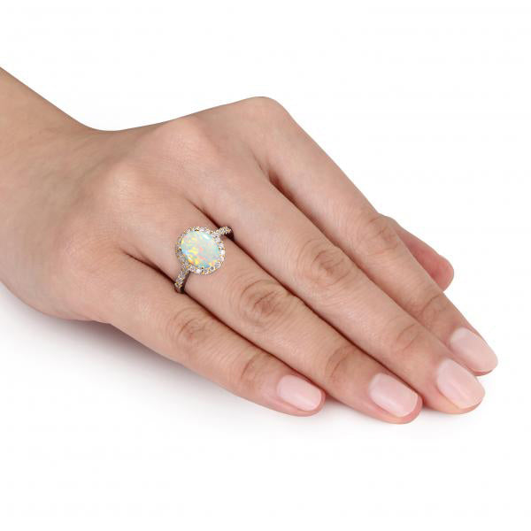 Oval Opal & Halo Diamond Engagement Ring 14k Yellow Gold 2.07ct