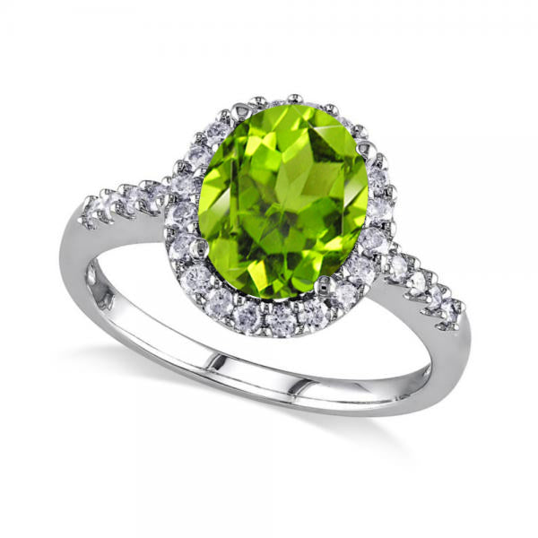 Oval Peridot & Halo Diamond Engagement Ring 14k White Gold 2.67ct