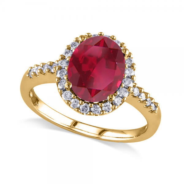 Oval Ruby & Halo Diamond Engagement Ring 14k Yellow Gold 3.57ct