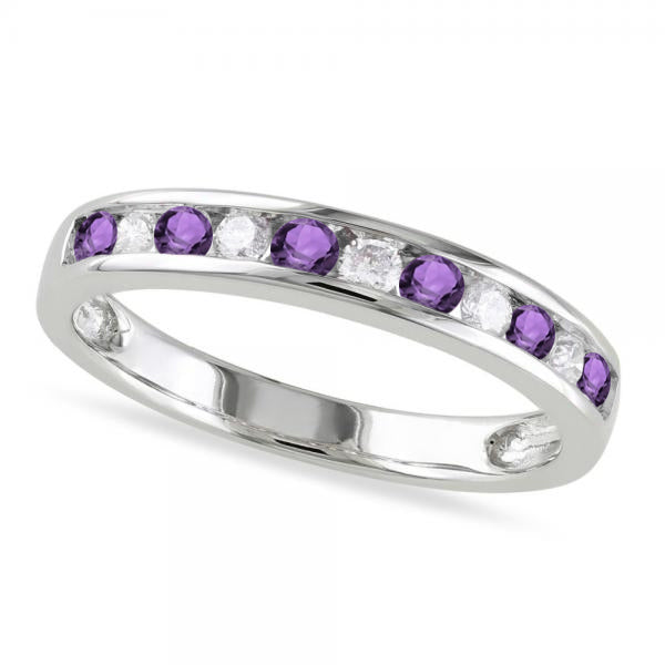 Channel Set Round Amethyst & Diamond Wedding Band 14k White Gold (0.50ct)
