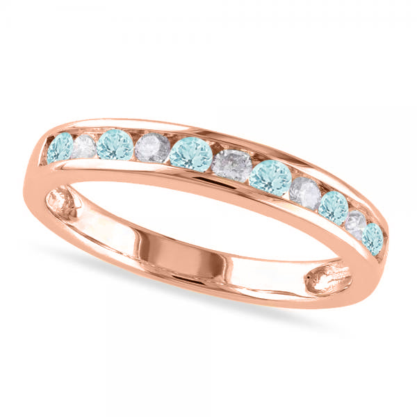Channel Set Round Aquamarine & Diamond Wedding Band 14k Rose Gold (0.50ct)