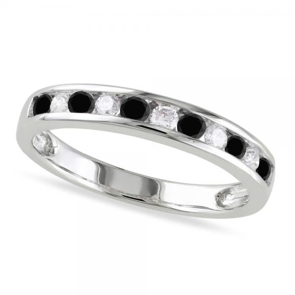 Channel Set Black & White Diamond Wedding Band 14k White Gold (0.44ct)