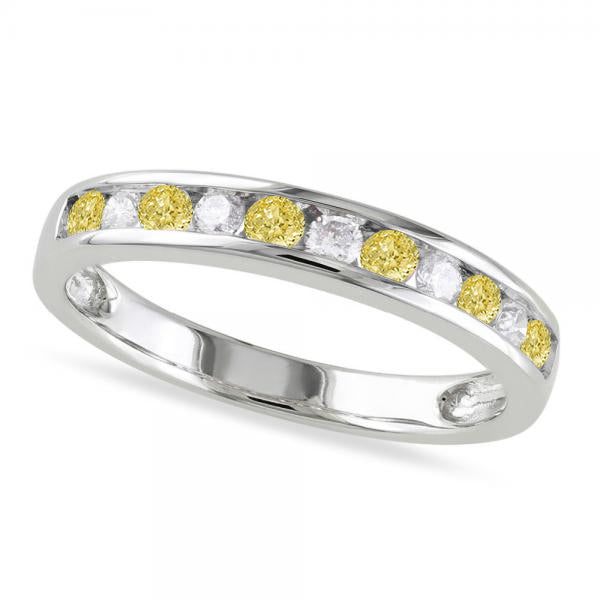 Channel Set Yellow & White Diamond Wedding Band 14k White Gold (0.44ct)