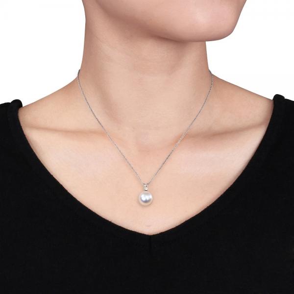 Solitaire South Sea Pearl Pendant Necklace w/ diamond 14k W. Gold 10mm