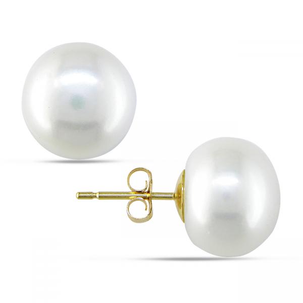 Cultured Freshwater White Pearl Stud Earrings 14k Yellow Gold 11-12mm