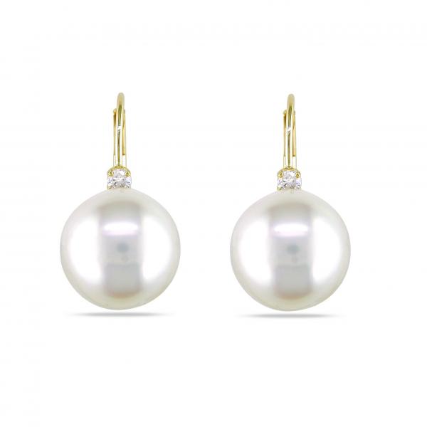 Freshwater Pearl & Diamond Leverback Earrings 14k Y. Gold 9-9.5mm