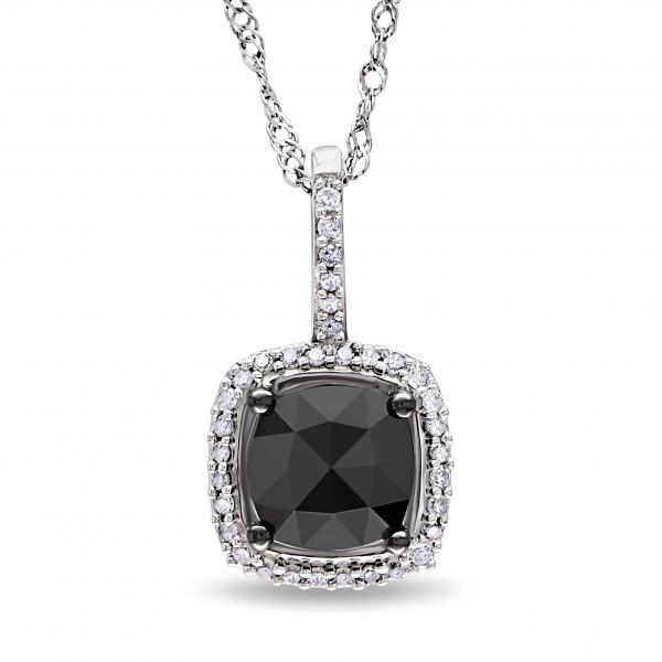 Black & White Diamond Square Halo Pendant Necklace 14k White Gold 1ct