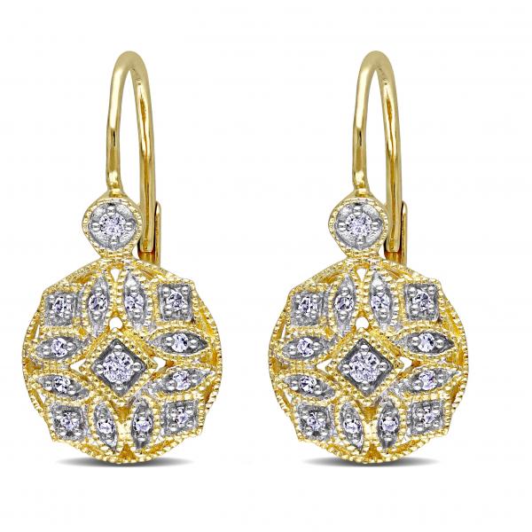 Vintage Style Leverback Diamond Earrings Floral 14k Yellow Gold 0.15ct