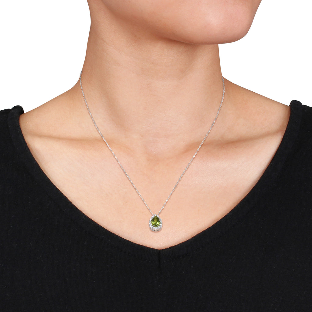 Diamond & Pear Peridot Halo Pendant Necklace 14k White Gold (1.84ct)