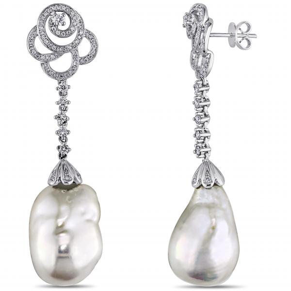 White Freshwater Pearl Flower Drop Earring 14k W Gold 13-13.5mm 1.00ct