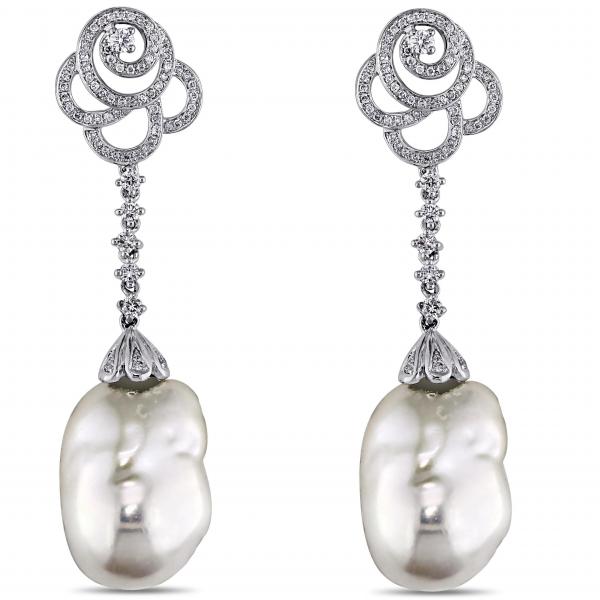 White Freshwater Pearl Flower Drop Earring 14k W Gold 13-13.5mm 1.00ct