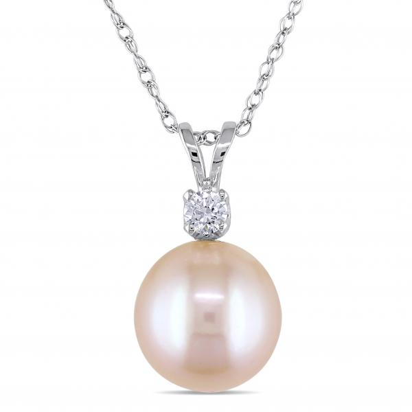 Pink Freshwater Pearl Solitaire Pendant Necklace 14k White Gold 9-9.5mm
