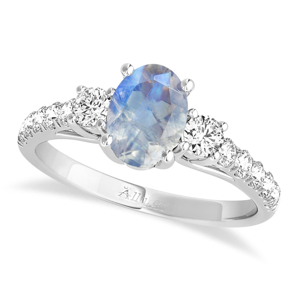 Oval Cut Moonstone & Diamond Engagement Ring 14k White Gold (1.40ct)