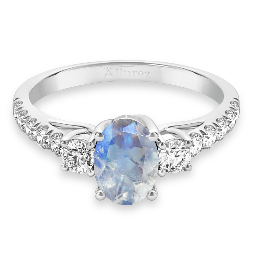 Oval Cut Moonstone & Diamond Engagement Ring 14k White Gold (1.40ct)