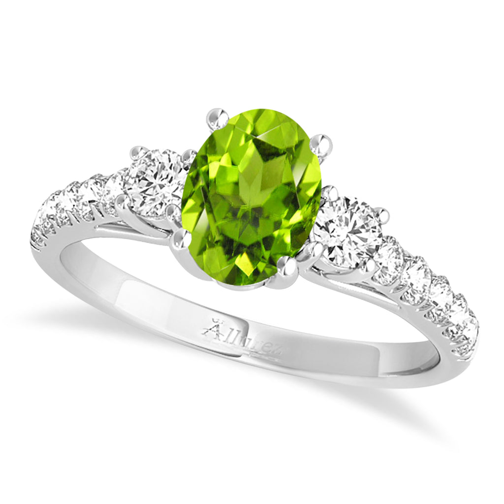 Oval Cut Peridot & Diamond Engagement Ring 14k White Gold (1.40ct)