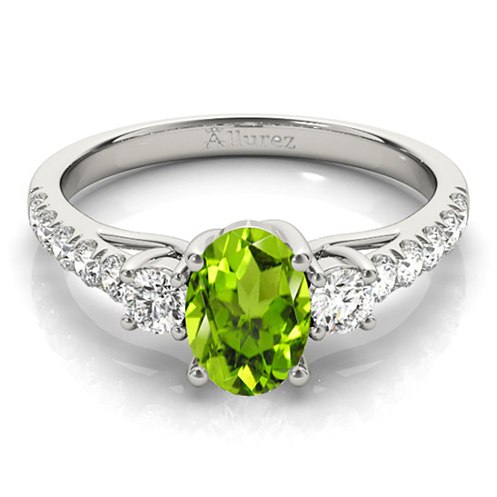 Oval Cut Peridot & Diamond Engagement Ring 14k White Gold (1.40ct)