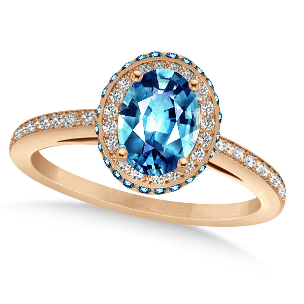 Oval Blue Topaz & Diamond Halo Engagement Ring 14k Rose Gold (2.10ct)