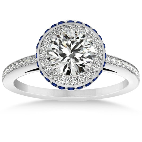 Diamond Halo Engagement Ring Blue Sapphire Accents 14k W. Gold 0.50ct