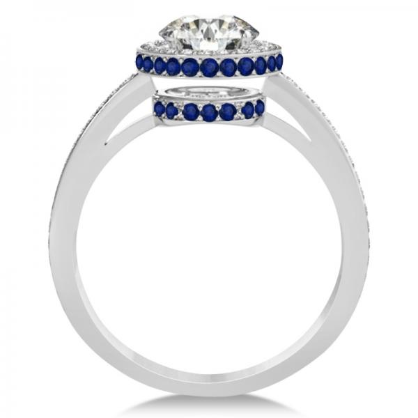 Diamond Halo Engagement Ring Blue Sapphire Accents 14k W. Gold 0.50ct