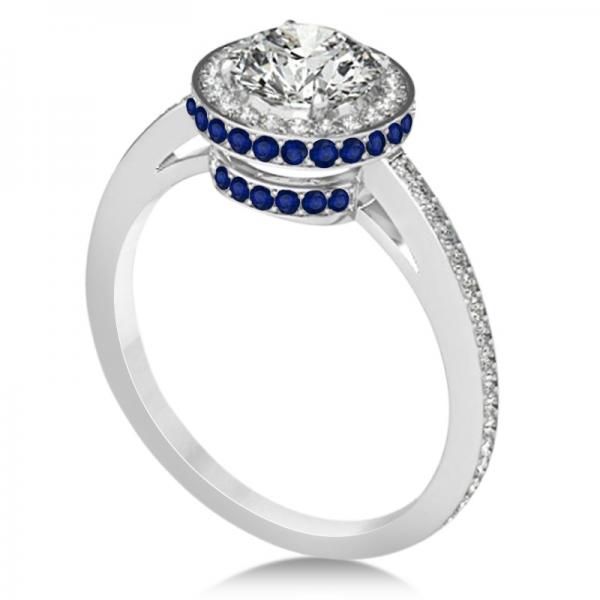 Diamond Halo Engagement Ring Blue Sapphire Accents 14k W. Gold 0.50ct
