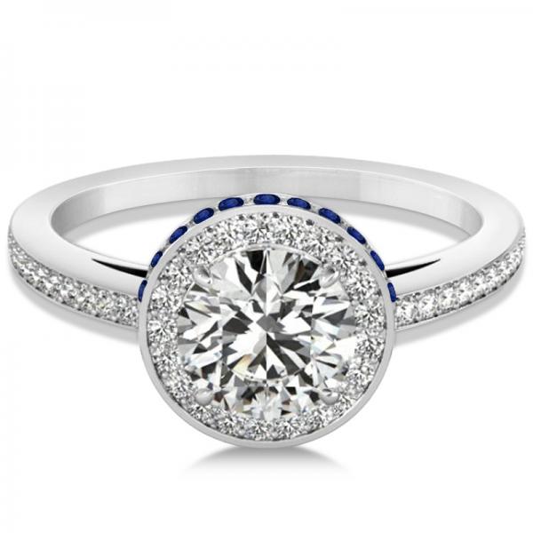 Diamond Halo Engagement Ring Blue Sapphire Accents 14k W. Gold 0.50ct