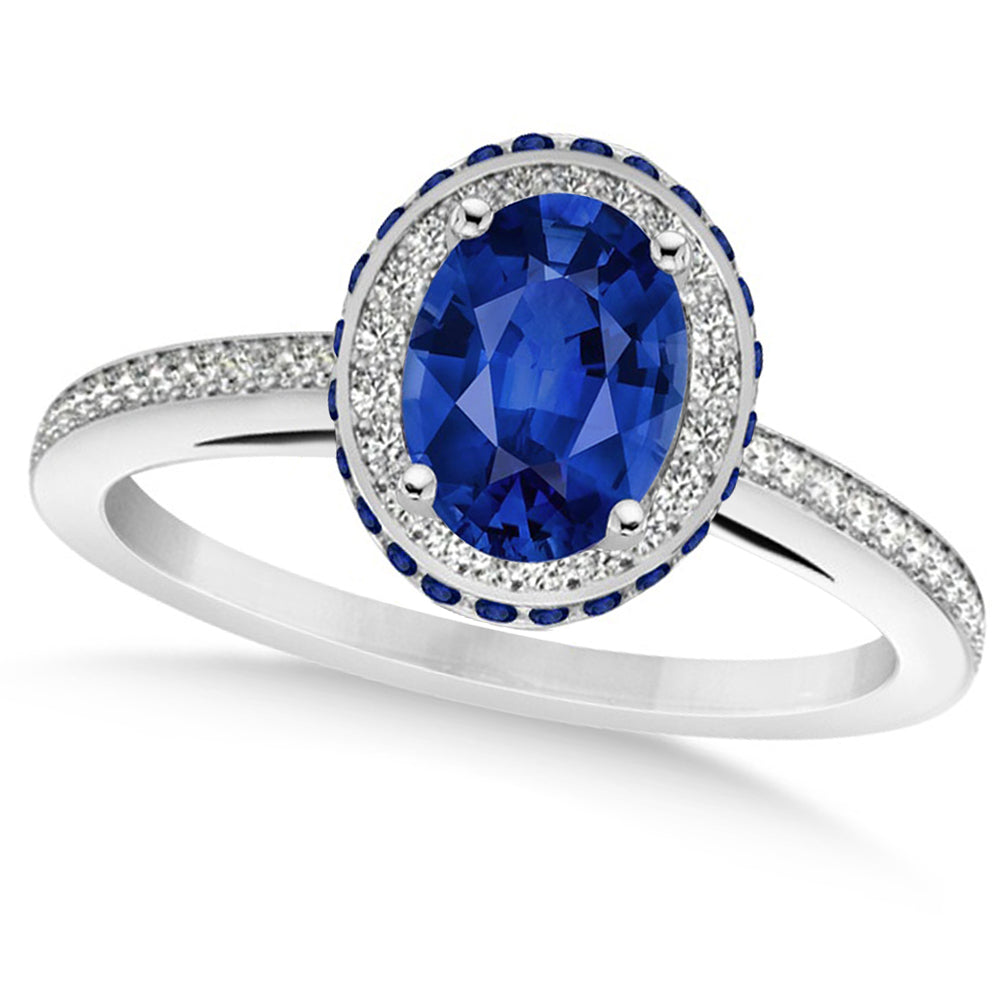 Oval Lab Blue Sapphire & Diamond Halo Engagement Ring 14k White Gold 2.00ct