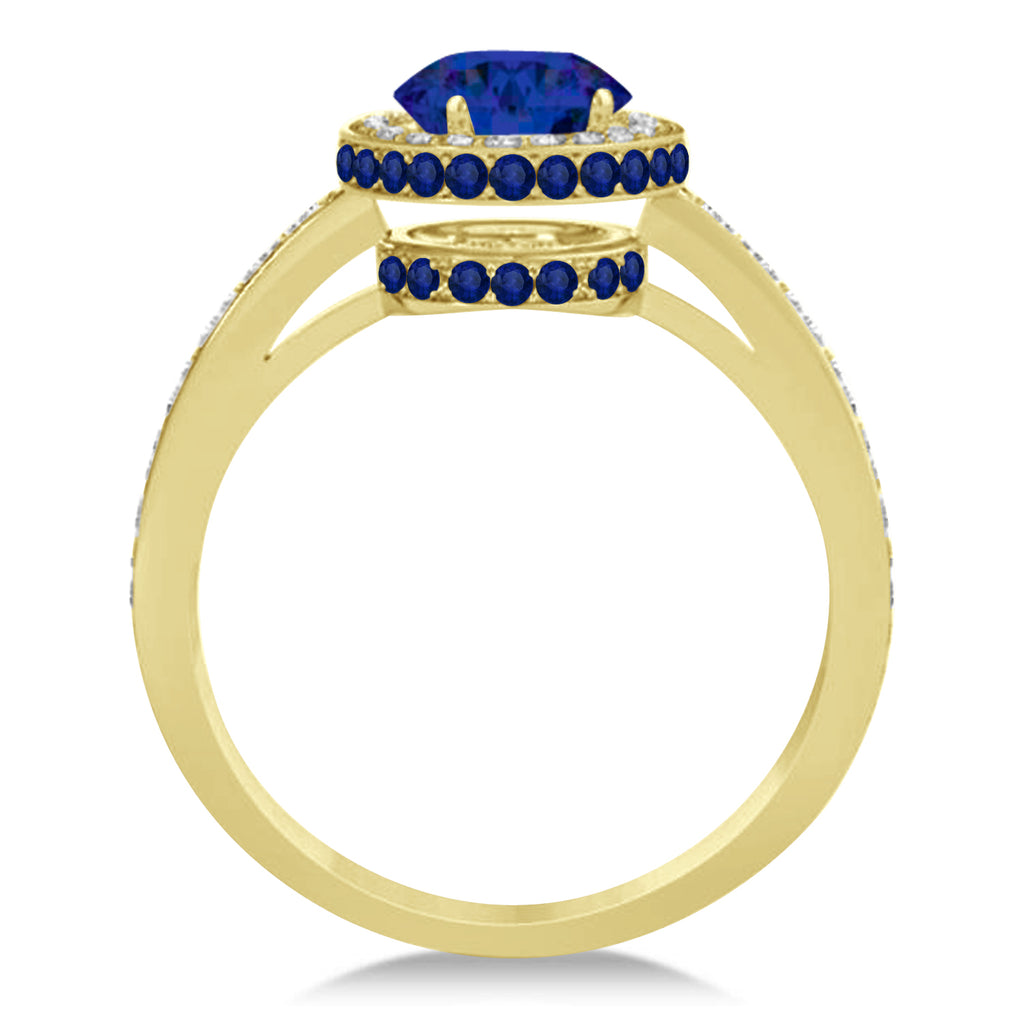 Oval Lab Blue Sapphire & Diamond Halo Engagement Ring 14k Yellow Gold 2.00ct