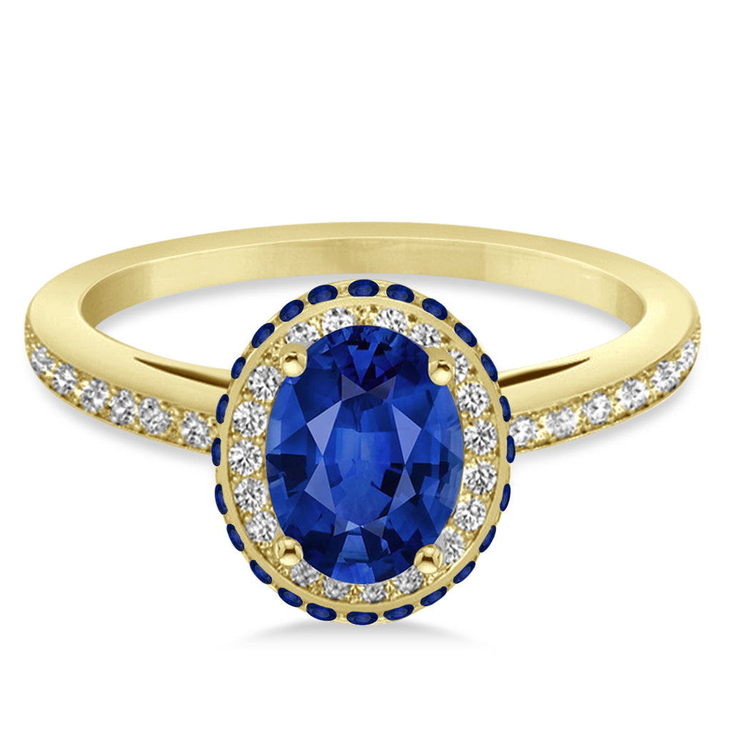 Oval Lab Blue Sapphire & Diamond Halo Engagement Ring 14k Yellow Gold 2.00ct