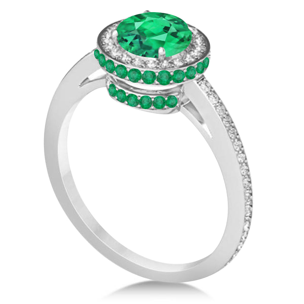 Oval Lab Emerald & Diamond Halo Engagement Ring 14k White Gold (1.76ct)