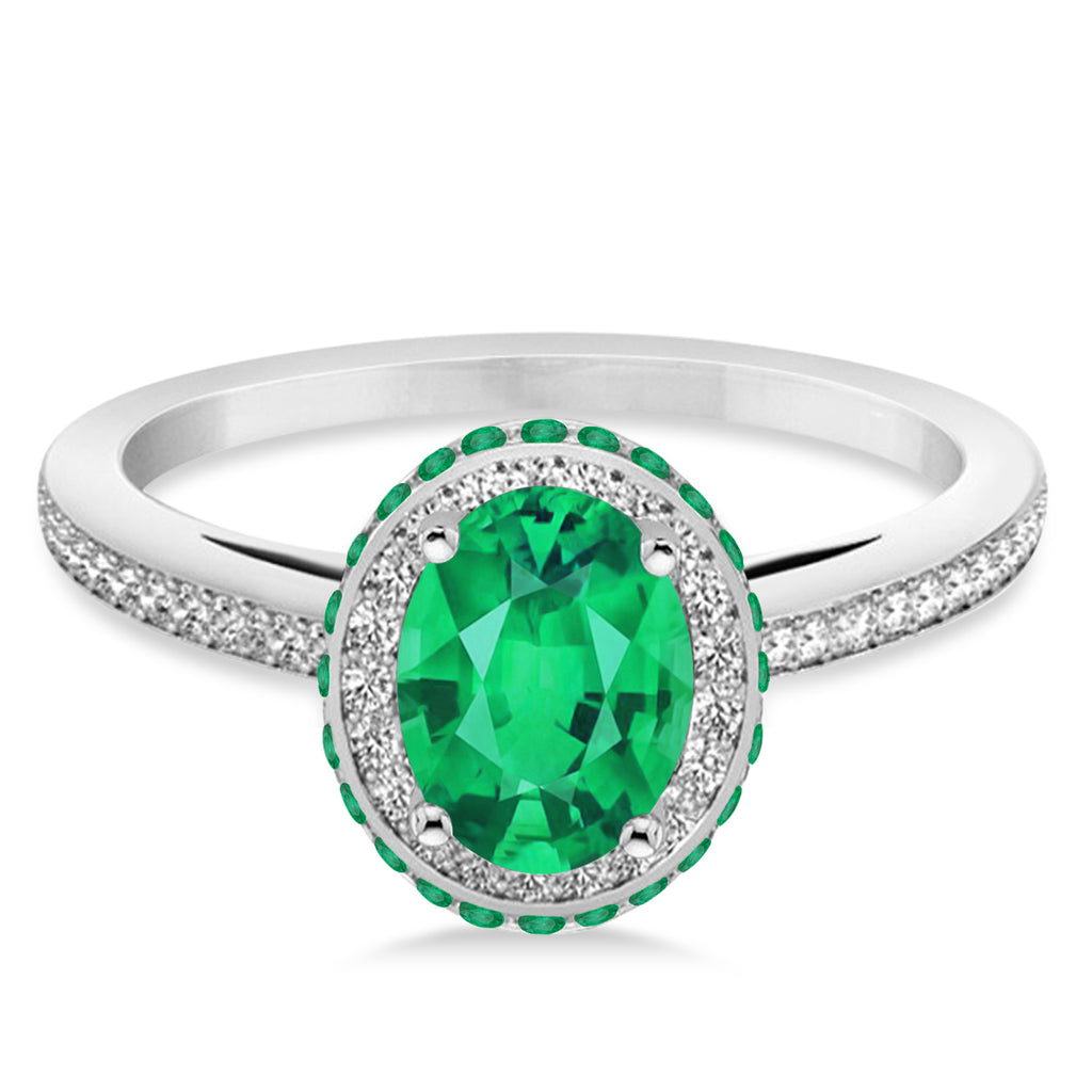 Oval Lab Emerald & Diamond Halo Engagement Ring 14k White Gold (1.76ct)